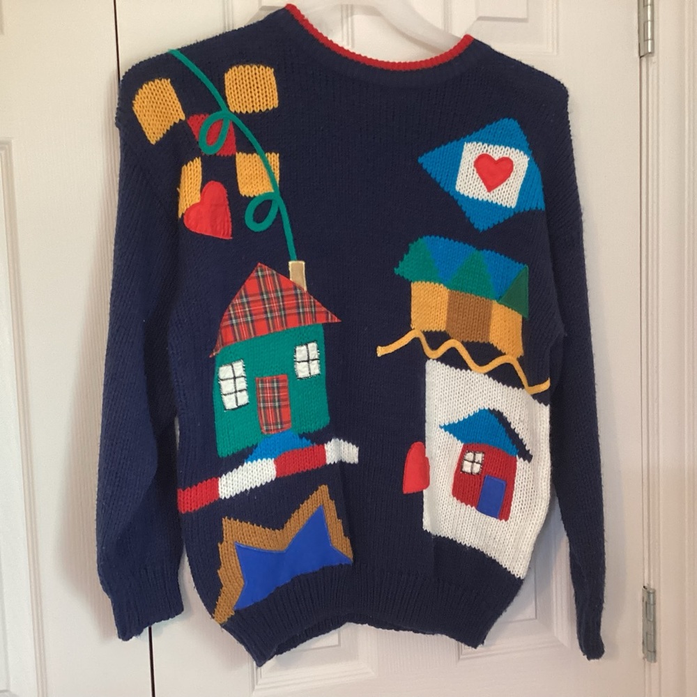 CSL acrylic S blue colorful sweater good pre worn condition